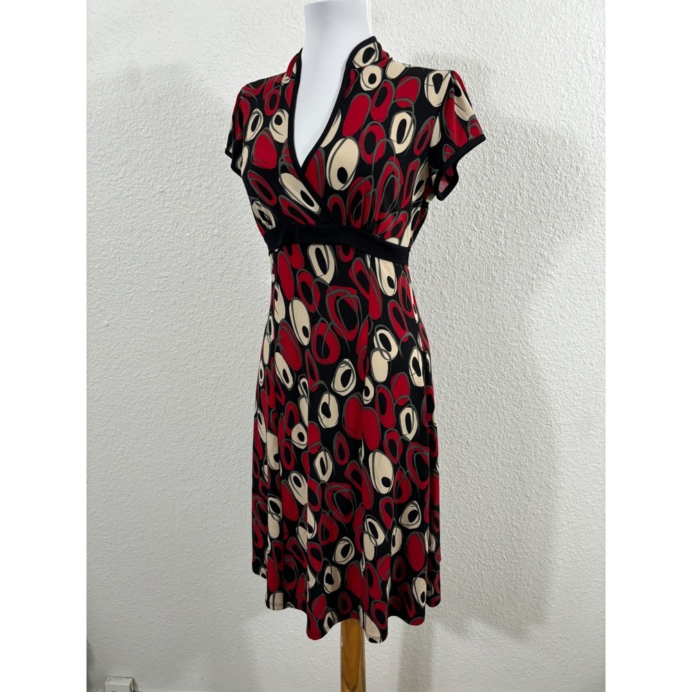 Y2K Faux Wrap Dress Geometric Red Black Tan Short Sleeve Polyester Blend